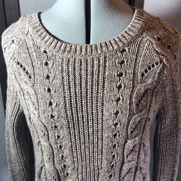 Lucky Brand Tomorrow taupe marled  cable knit sweater short fitted - Picture 2 of 14